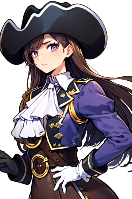 masterpiece, high res, detailed face, detailed eyes, solo, big breasts, brown hair. Purple eyes, long hair, (purple uniform), (white ascot), belt, (black wide-brim musketeer hat), (white collar), (black gloves), simple background, blurry background, close-up