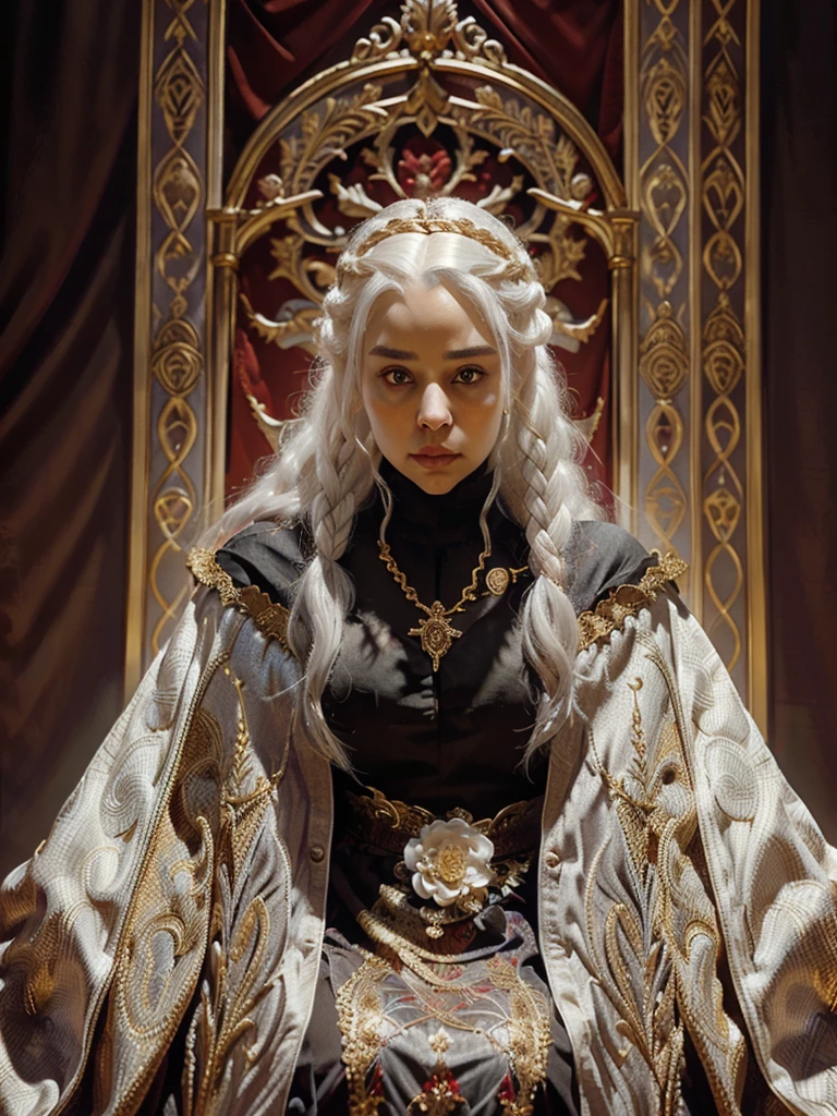 Portrait of one beautiful queen albino woman with detailed braided medieval hairstyle (white hair) , wearing detailed medieval gown (red and black colours), with gold accessories and gold crown, medieval queen, medieval woman,queen,game of thrones style,daenerys targaryen style, high quality, very detailed,hd quality, masterpiece,(purple eye colour)