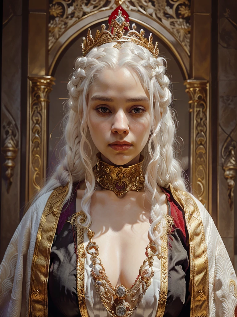 Portrait of one beautiful queen albino woman with detailed braided medieval hairstyle (white hair) , wearing detailed medieval gown (red and black colours), with gold accessories and gold crown, medieval queen, medieval woman,queen,game of thrones style,daenerys targaryen style, high quality, very detailed,hd quality, masterpiece,(purple eye colour)