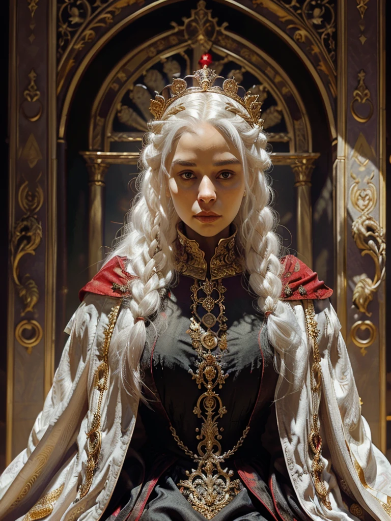 Portrait of one beautiful queen albino woman with detailed braided medieval hairstyle (white hair) , wearing detailed medieval gown (red and black colours), with gold accessories and gold crown, medieval queen, medieval woman,queen,game of thrones style,daenerys targaryen style, high quality, very detailed,hd quality, masterpiece,(purple eye colour)