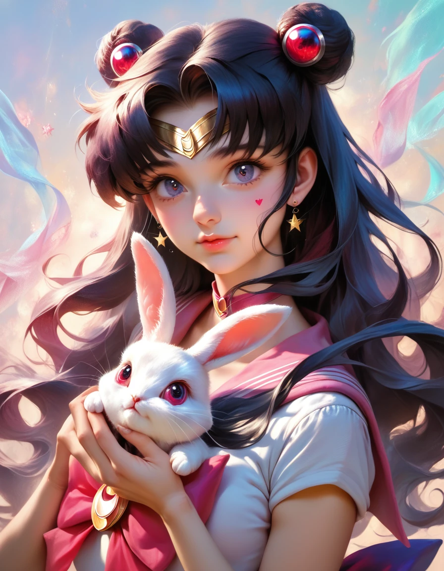 a beautiful young girl, 1girl, sailor moon cosplay, detailed facial features, beautiful detailed eyes, beautiful detailed lips, extremely detailed face and hair, long flowing hair, sailor moon uniform, holding a cute white rabbit, detailed background, detailed environment, (best quality,4k,8k,highres,masterpiece:1.2),ultra-detailed,(realistic,photorealistic,photo-realistic:1.37),digital painting,soft lighting,warm colors,vibrant colors,fantasy,magical girl,whimsical,cute,adorable