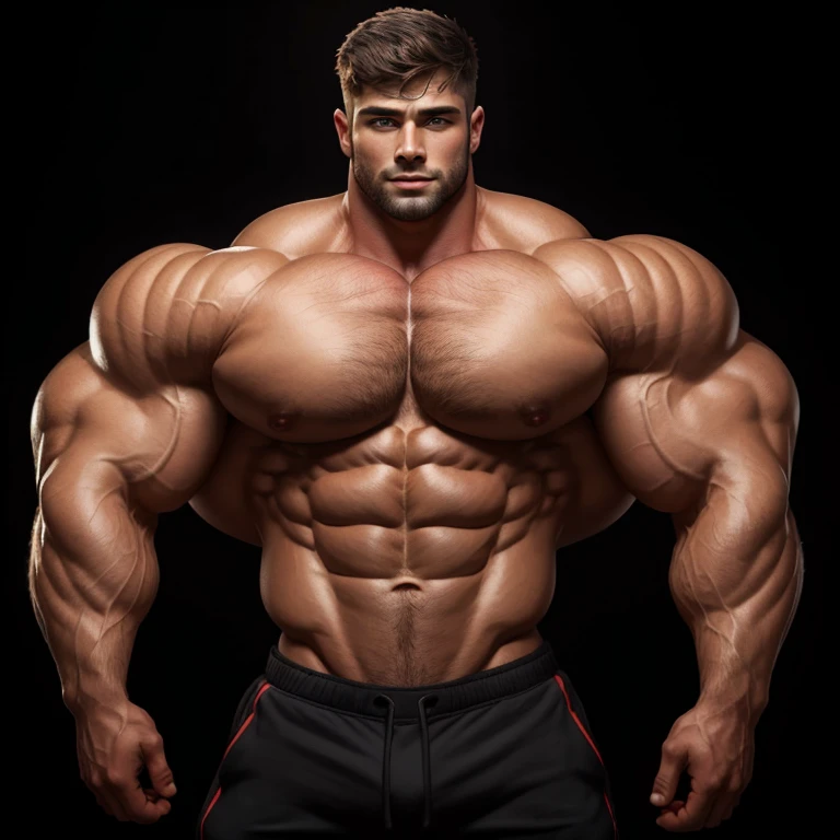 a very handsome shirtless young man, extremely gorgeous and handsome, massively muscular, with massively large muscles, on a black background