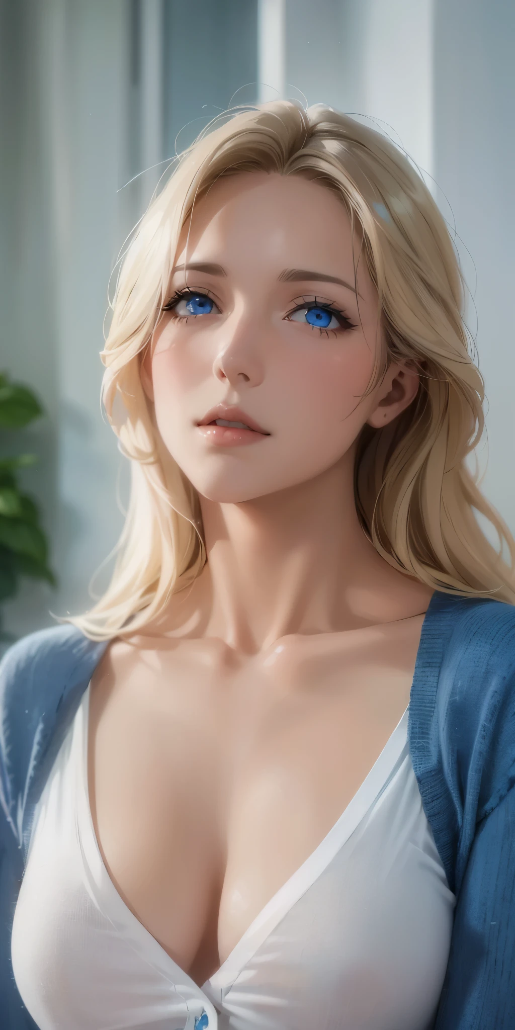 Hot mature woman, blue eyes, blonde hair, soft light, 4k resolution, high quality, beautiful cg