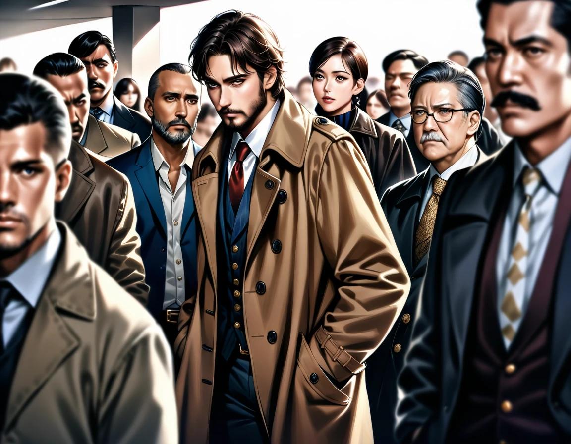 The mosaic sky cut by the skyscrapers looks like pieces of a jigsaw puzzle. In the crowd where everyone is indifferent and expressionless, his outdated attire, such as scruffy beard and tattered trench coat, stood out unexpectedly. The middle-aged private detective, carrying sadness on his back, puts his hands in his coat pockets with a bitter look on his face, hunches his shoulders, and hurries quickly through the crowd to the office.,  masterpiece, Realistic, raw photo, incredibly absurd resolution, absolute resolution, super high resolution,16k