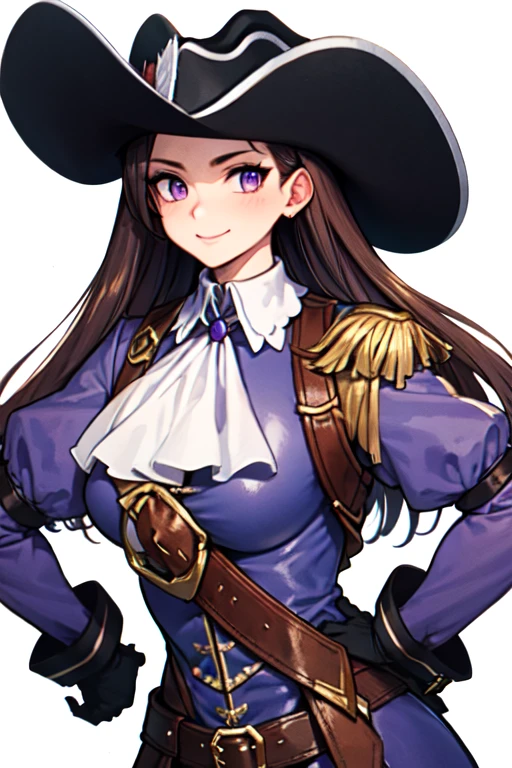 masterpiece, high res, detailed face, detailed eyes, solo, big breasts, brown hair. Purple eyes, long hair, smile, (purple uniform), (white ascot), belt, (black wide-brim musketeer hat), (white collar), (black gloves), simple background, blurry background, close-up