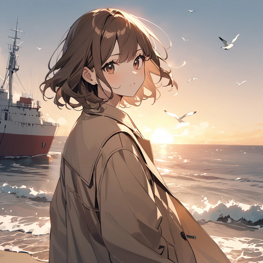 A girl with wavy brown bob hair wearing a dark beige coat. Feed the seagulls at sea. ship.