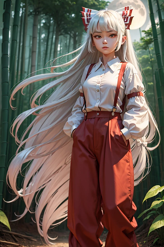 a girl in full outfit standing in full moon with plants behind her, fujiwara no mokou, bamboo, 1girl, bamboo forest, long hair, shirt, pants, solo, moon, red eyes, red pants, night, hair bow, suspenders, white shirt, hands in pockets, bow, full moon, white hair, from below, forest, white bow, looking at viewer, bangs, outdoors, baggy pants, nature, sky, breasts, collared shirt