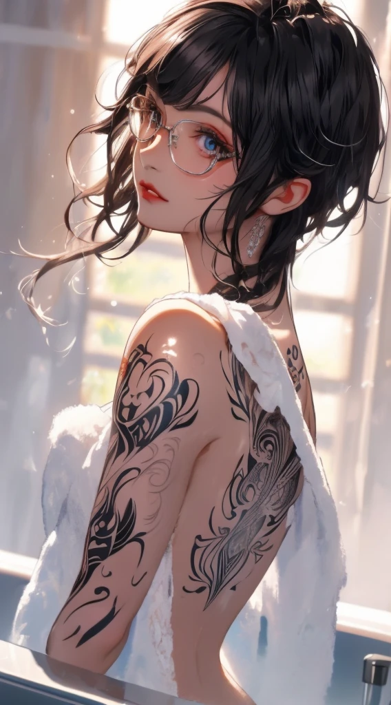 Practical,photoPractical,photo-Practical:1.37,4K,8K,high resolution,masterpiece:1.2,Extremely detailed,Detailed tattoo,Detailed tattoo on back,Beautiful and delicate eyes,Beautiful and delicate lips,Extremely detailed eyes and face,Long eyelashes,Nude female figure,Big Ass,Short black hair,tie black hair((Beautiful nipples))((Soak in the bathtub))((Many tattoos all over the body))((smart glasses))((Very short hair))((Open your legs))((bathroom))((bath))