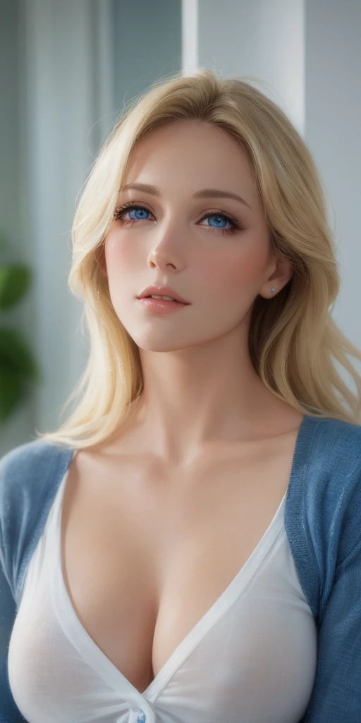 Hot mature woman, blue eyes, blonde hair, soft light, 4k resolution, high quality, beautiful cg