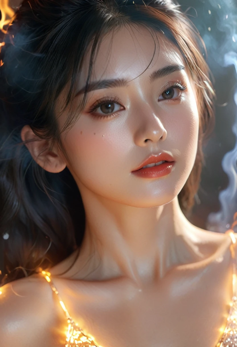 best quality, 8k, very delicate and beautiful, highly detailed face and skin texture, shiny skin, high resolution, burning sexy woman, full body, sharp focus