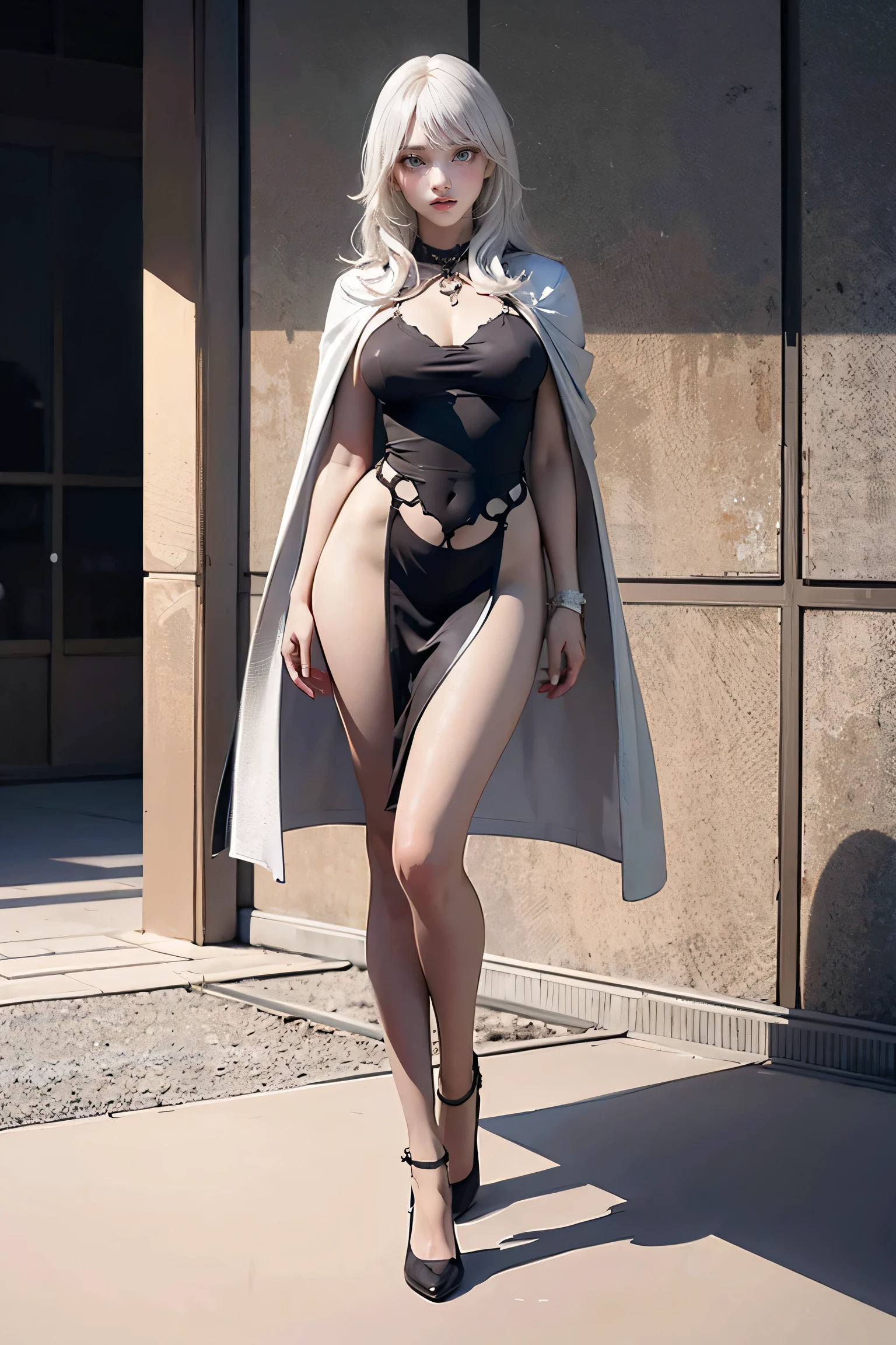 (perfect slim figure:1.2+Beautiful face,Voluptious body:1.3+Brown skin,red pupils,),4K quality,Full body like,Brown skin,Girl standing position,The barefoot,White color hair, (nabel:1.1)、(fatness:0.8), (比基尼:1.1)