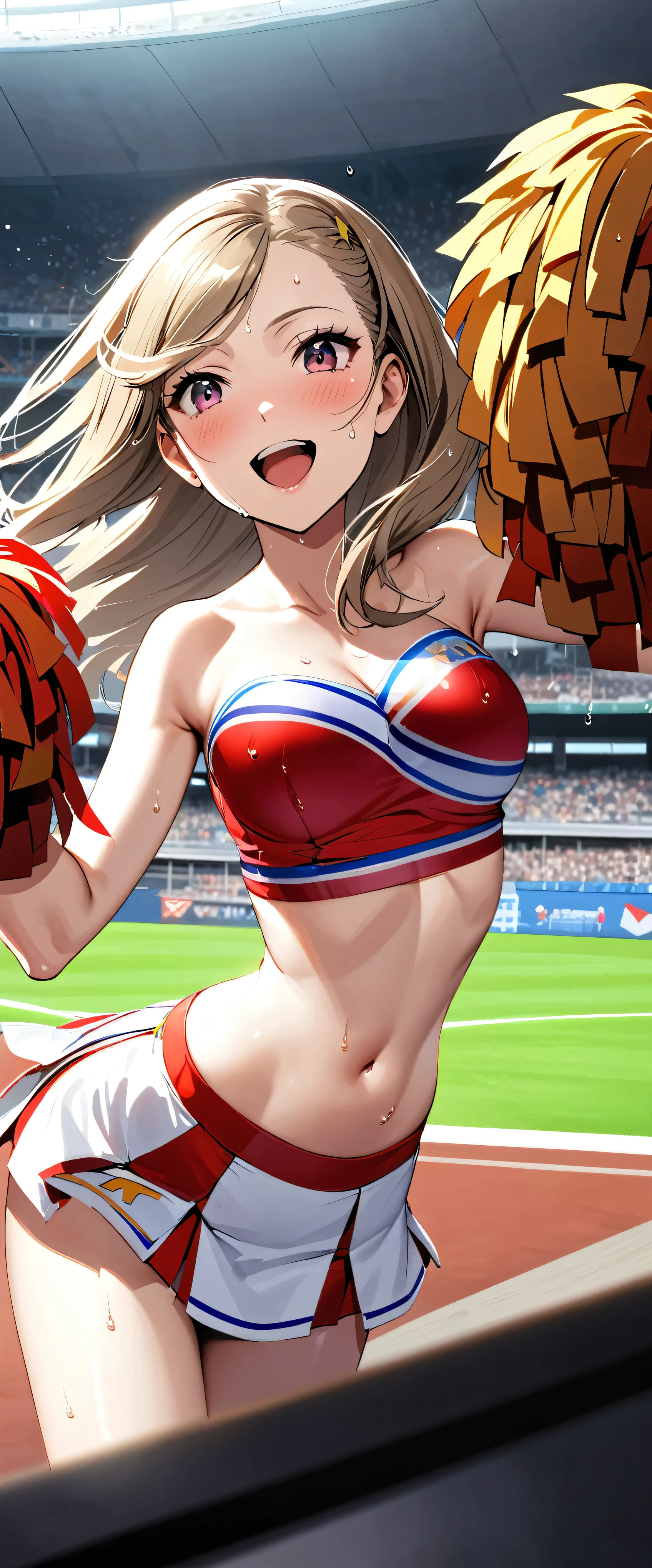 (masterpiece,Highest quality,超A high resolution),One Japanese woman, (((Very beautiful  girl))), pretty girl、Look at the photographer､  (()), Very cute face, Glossy lips, Double eyelids on both eyes,Natural smile、 Natural Makeup, Long eyelashes, Shiny and smooth hair､,  Perfect limbs, Perfect Anatomy,(((Shiny cheer uniforms,Cheerleader,Cheerleader,Tube top))))Stadium,Wet with sweat,(((Tube top)))((((Open Mouth Smile,))))Dynamic pose