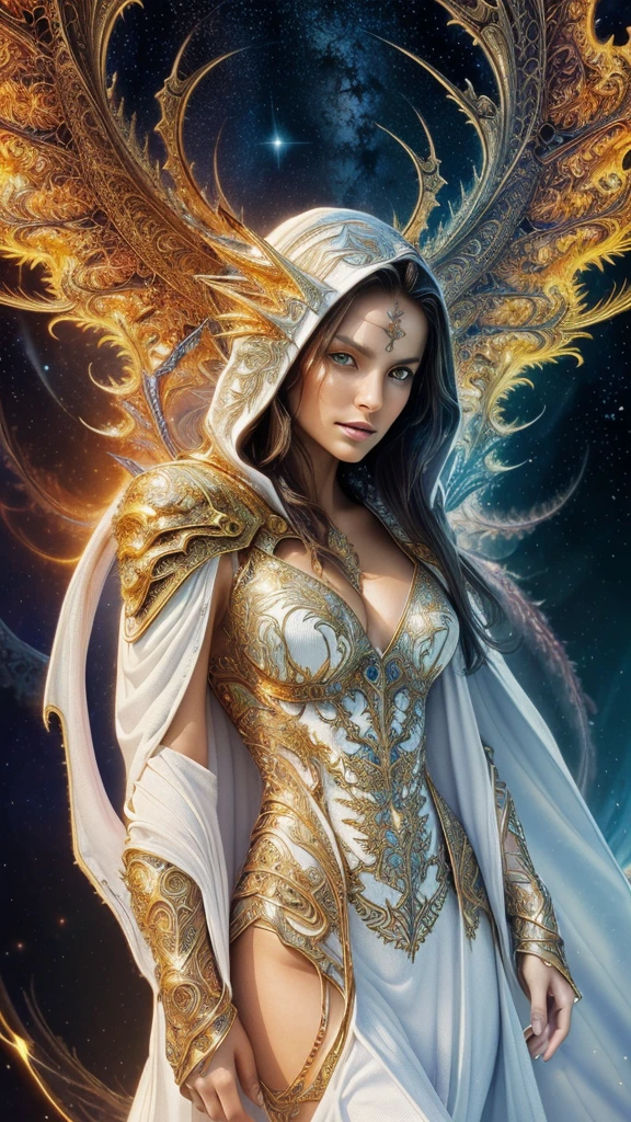 (masterpiece, top quality, best quality, official art, beautiful and aesthetic:1.2), (1girl), extreme detailed eyes, (fractal art:1.3), colorful, highest detailed, (perfect face), shiny skin, HDR, (white cloak golden lines:1.2), galaxy, (light streaks), striking visuals, (dynamic streaks, luminous trails:1.2), vibrant colors, (phoenix), (dragon)