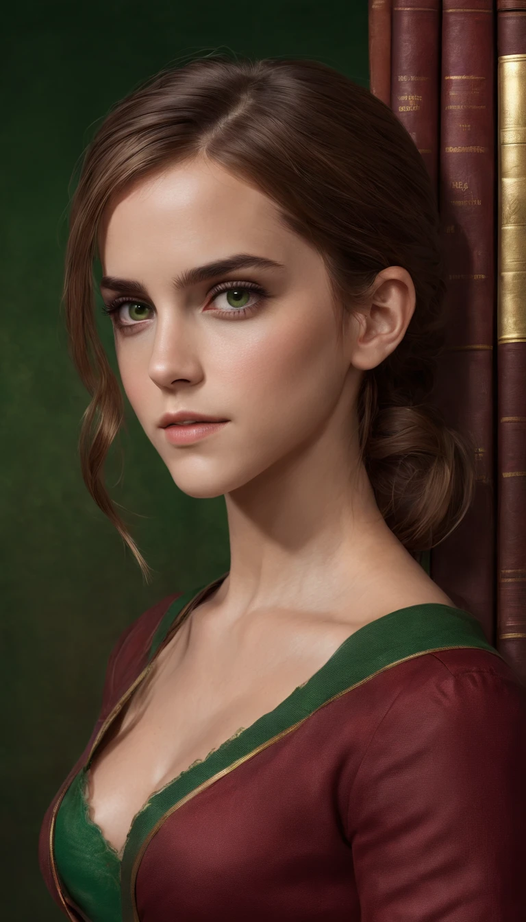 (Emma Watson) as hermione granger in her classic red slit sexy uniform, Long Straight Hair, Big Breasts, ((only green books)) inside a library, holding the brown wand with the tip,  ((glowing from the lumos spell)), colorful, digital painting, concept art, smooth, sharp focus, illustration, art hyperdetailed, by john blanche retouched, realistic, smooth face, perfect eyes, symmetrical, full body shot, wide angle, sharp focus, 8 k high definition, insanely detailed, intricate, elegant, art by artgerm