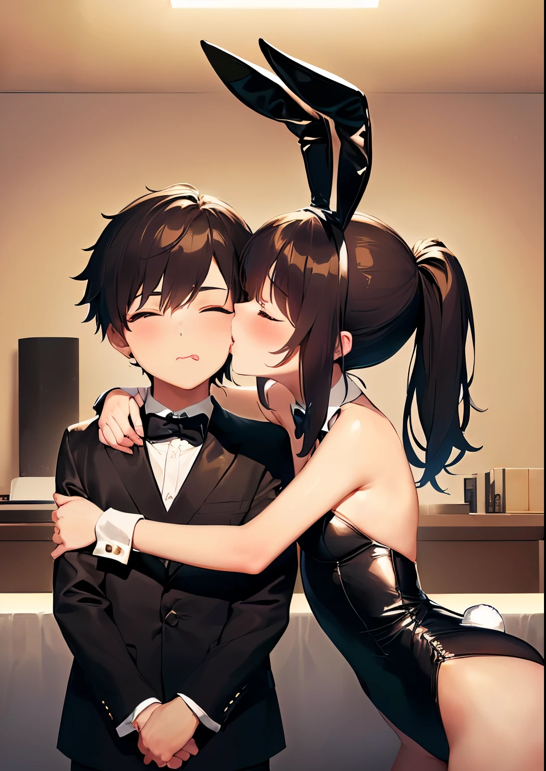 1boy, 1girl, shota, kissing cheek, playboy bunny, puckered lips, lips, closed mouth, closed eyes, masterpiece, best quality, absurdres, girl kissing boy on cheek, dynamic lighting, lighting effect