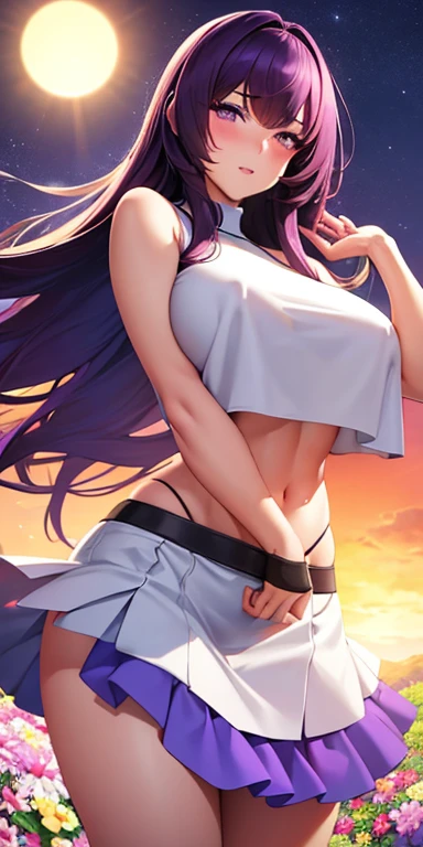 Realistic, 1 Girl, Big round hair . rather muscular body, and hot body, blank, Purple Eyes, Bright Eyes, Crop top, skirt, Open your lips, Blushing, nighFlowers, sun, sunshine,