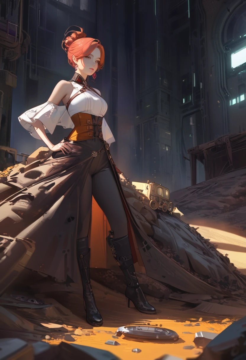 a woman standing in a trash heap, highly detailed, intricate details, beautiful detailed eyes, beautiful detailed lips, extremely detailed eyes and face, long eyelashes, 1girl, digital painting, illustration, 8k, hyper detailed, masterpiece, cinematic lighting, dramatic lighting, chiaroscuro lighting, moody atmosphere, vibrant colors, warm color palette, steampunk, cyberpunk, concept art, artstation, pixiv, guweiz style