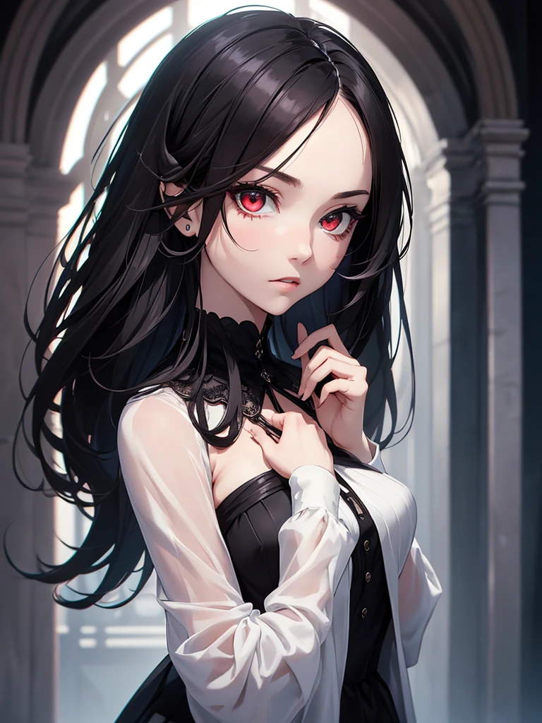 (8K, Best Quality, Masterpiece, Ultra High Resolution) Single Person, 1 Girl, Cute Eyes, Face Details, Pale Skin, Slender, Short, Dark Black Hair, Long Hair, Red Eyes, Formal Goth Dress, Inside Dark Castle, Best Quality, Upper Body, Looking at the Viewer, Facing Viewer, Close Up