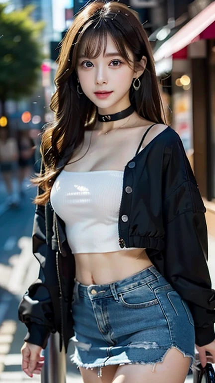 ((Black Jacket、White Tube Top、Black mini denim skirt))whole body viewing angle、Extraordinary sexy beauty、beautiful, calm and bright look、Sexy and refreshing look、完璧なbeautifulcute顔、Very bright, Bright Blue Eyes、Long bangs between the eyes、Long black hair straight hair、とてもcute、beautifully、Sexy young tiny woman、非常に完璧なbeautifulcute顔、、Real17歳女性、cute,((Small breasts))、(()) And a very slim figure,,,,,、Very thin leganicules、Earrings、Pink Lip、choker、Real、Sexual、Highest quality、Detailed face、Detailed Background、Depth of written boundary、Sexual、alone、night,Highest quality、High resolution、超High resolution（Real：1.4）Detailed eyes、Gradation、Perfect anatomical figure、Woman with perfect body、Highly detailed skin、非常にDetailed face、細部までbeautiful目、Background blur、