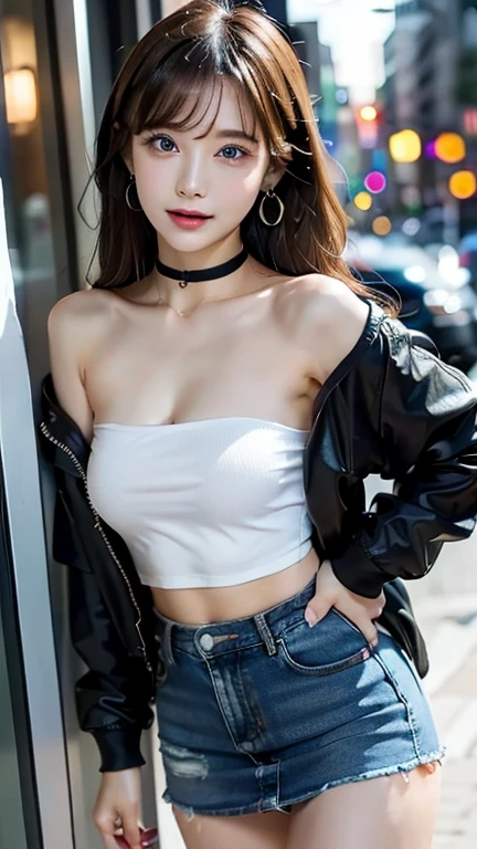 ((Black Jacket、White Tube Top、Black mini denim skirt))whole body viewing angle、Extraordinary sexy beauty、beautiful, calm and bright look、Sexy and refreshing look、完璧なbeautifulcute顔、Very bright, Bright Blue Eyes、Long bangs between the eyes、Long black hair straight hair、とてもcute、beautifully、Sexy young tiny woman、非常に完璧なbeautifulcute顔、、Real17歳女性、cute,((Small breasts))、(()) And a very slim figure,,,,,、Very thin leganicules、Earrings、Pink Lip、choker、Real、Sexual、Highest quality、Detailed face、Detailed Background、Depth of written boundary、Sexual、alone、night,Highest quality、High resolution、超High resolution（Real：1.4）Detailed eyes、Gradation、Perfect anatomical figure、Woman with perfect body、Highly detailed skin、非常にDetailed face、細部までbeautiful目、Background blur、