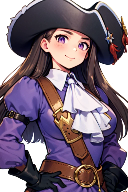 masterpiece, high res, detailed face, detailed eyes, solo, big breasts, brown hair. Purple eyes, long hair, smile, closed mouth, (purple uniform), (white ascot), belt, (black wide-brim musketeer hat), (white collar), (black gloves), simple background, blurry background, close-up