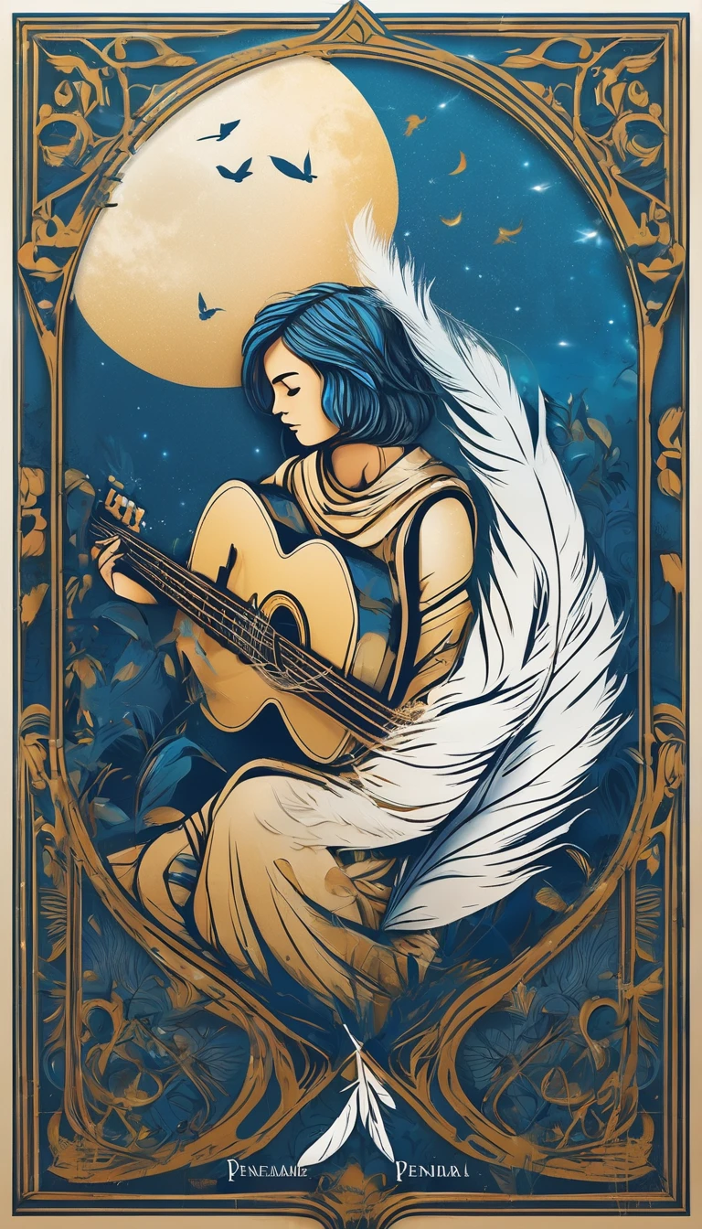 Create a cinematic, abstract symbol for a storytelling production brand based on stories and dreams called " Penamemoria". The logo should convey a fantasy theme and include the company of a boy and a feather. Fantastic, memorable, poetic, dreamy, sitting against a tree and playing guitar to a fantastic, unique, poetic white-blue-golden feather.
