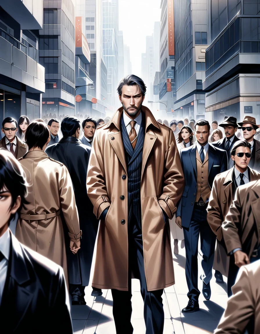 A gritty urban scene unfolds: towering skyscrapers frame the cityscape like giant puzzle pieces, while a sea of indifferent faces blends into the background. Amidst the crowd, a lone figure stands out - a middle-aged private detective, sporting an outdated look with scruffy beard and tattered trench coat, his sad expression a stark contrast to the bustling atmosphere. He slips his hands into his pockets, shrugs off the world, and pushes through the crowd with determination, hastening towards the office door.,  masterpiece, Realistic, raw photo, incredibly absurd resolution, absolute resolution, super high resolution,16k