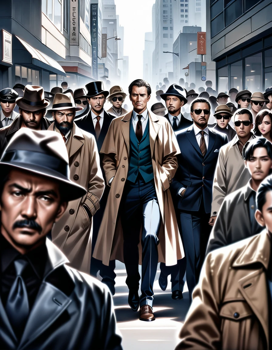 A gritty urban scene unfolds: towering skyscrapers frame the cityscape like giant puzzle pieces, while a sea of indifferent faces blends into the background. Amidst the crowd, a lone figure stands out - a middle-aged private detective, sporting an outdated look with scruffy beard and tattered trench coat, his sad expression a stark contrast to the bustling atmosphere. He slips his hands into his pockets, shrugs off the world, and pushes through the crowd with determination, hastening towards the office door., masterpiece, Realistic, raw photo, incredibly absurd resolution, absolute resolution, super high resolution,16k