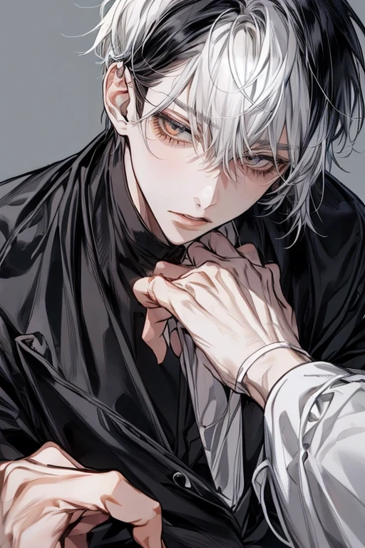 (Mastepiece), (Best Quality), Very detailed, ((Two friendly men)), Perfect Face, Beautiful Face, Very detailed顔,(Black Haired Man:1.3),(Man with white hair:1.3),T-Shirts