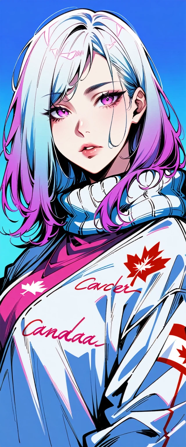 Illustrator, anime , Realistic ,sketch , 1 girl, ,lip, sweater,order, Blue gradient background, Neon Hair,Texture Trim, Canadian, (masterpiece,Highest quality) Cancer