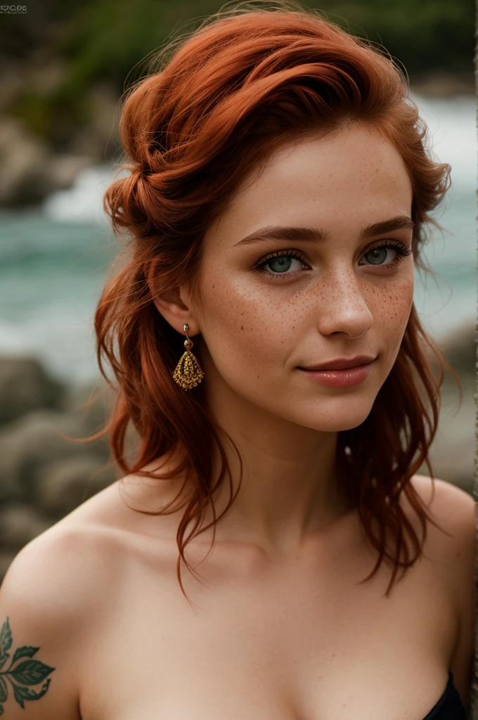 ((best photo quality, Ultrarealistic)), Girl, Not 20, European, Tattoo-Modell, (Portrait, close up shot), athletic figure, small breasts, mysterious smile, enchanting view, ((Fell, ginger red hair, wild hairstyle)), intense green eyes, pale skin, freckles, subtle make-up, more confident, cheeky expression, flawless complexion, Tattoos, Piercings, uncanny attraction, wild and graceful, rebellious spirit, sun set, evening atmosphere, beach, Fotoshooting 
