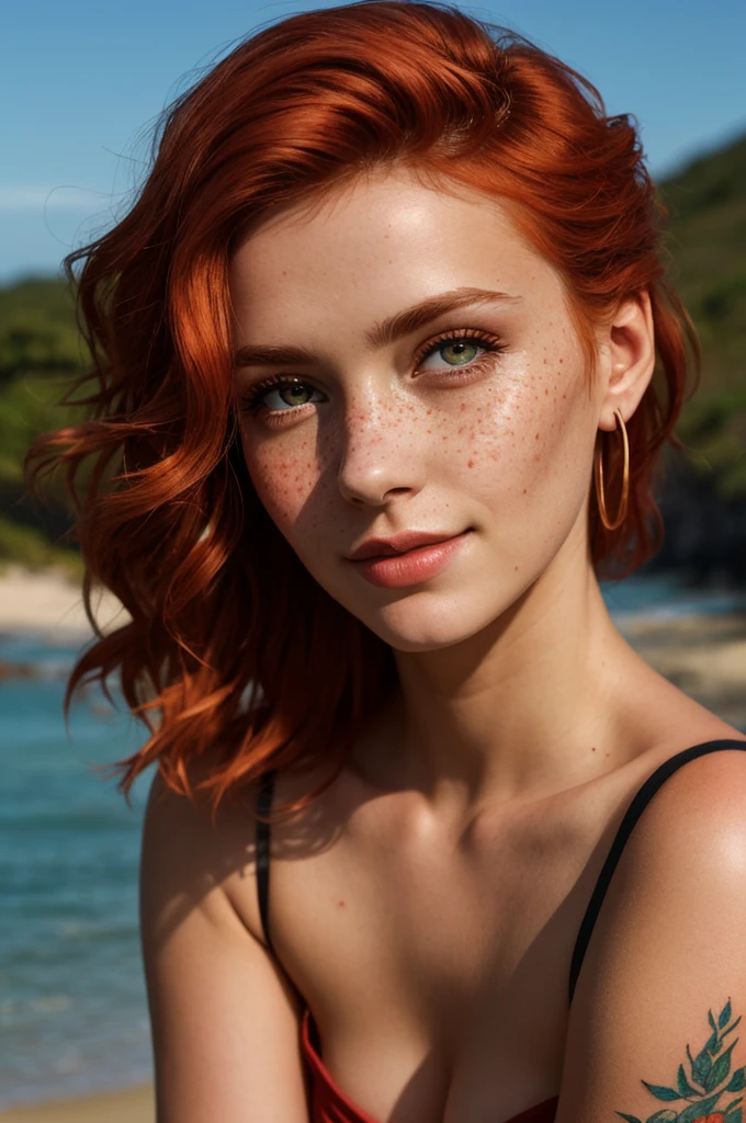 ((best photo quality, Ultrarealistic)), Girl, Not 20, European, Tattoo-Modell, (Portrait, close up shot), athletic figure, small breasts, mysterious smile, enchanting view, ((Fell, ginger red hair, wild hairstyle)), intense green eyes, pale skin, freckles, subtle make-up, more confident, cheeky expression, flawless complexion, Tattoos, Piercings, uncanny attraction, wild and graceful, rebellious spirit, sun set, evening atmosphere, beach, Fotoshooting