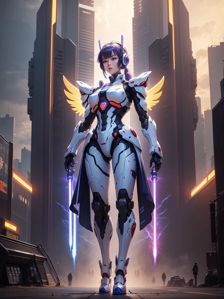 A gigantic robot stands tall,masterpiece,SF,masterpiece,超巨大なnewロボット,Next Generation,future,cool,Red, yellow and purple design,Overall Image,Stunning visuals,Beam Saber,cyber punk,Ultra HD,Giant angel wings growing,Combat Robot,new,Science fiction,A world beyond imagination,Evolving to infinity,romantic,future世界,new世界,future都市