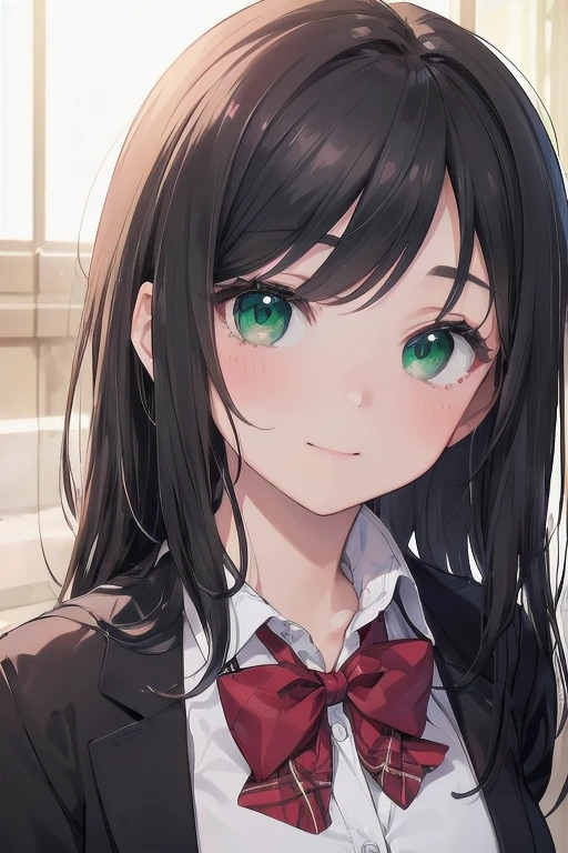 ((masterpiece, Highest quality, High resolution, 超High resolution, Pixel perfect, Depth of written boundary, 4K, RTTX 10.0, High resolution))), One girl, single, alone, Beautiful Anime Girls, Beautiful art style, Anime characters, ((Long Hair, bangs, Curly Hair:0.5)), ((Green Eyes:1.4, Round eyes, Beautiful eyelashes, Realistic eyes)), ((Detailed face, blush:1.2)), ((Smooth texture:0.75, Realistic texture:0.65, Realistic:1.1, Anime CG style)),Long black hair, Large Breasts、Dynamic Angle, Perfect body, ((Portraiture, throw)), ((Red bow tie, school uniform, Black jacket, Open jacket, Brown cardigan, White shirt, Black Skirt, Checked skirt)), smile, Show your hand, amusement park