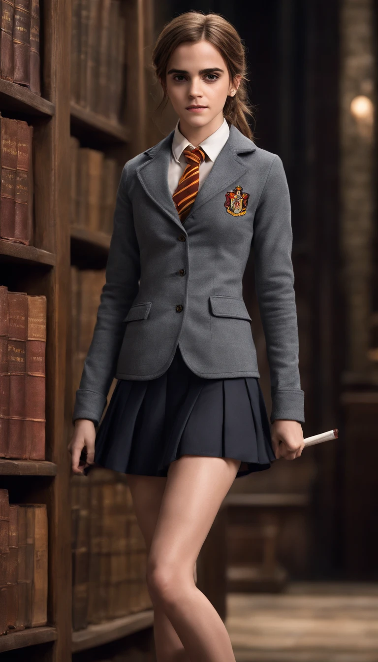 (Emma Watson) Full-length view (portrait of a emma Watson as Hermione Granger lifting skirt and showing off panties), (in a Hogwarts uniform intimate, detailed: 1.3), (panties: 1.3), (very detailed face: 1.4), (Hogwarts library on background: 1.2), (8k, uhd, DSLR, high quality, cinematic lighting, bokeh), (dramatic, award-winning photography, incredible masterpiece: 1.3)