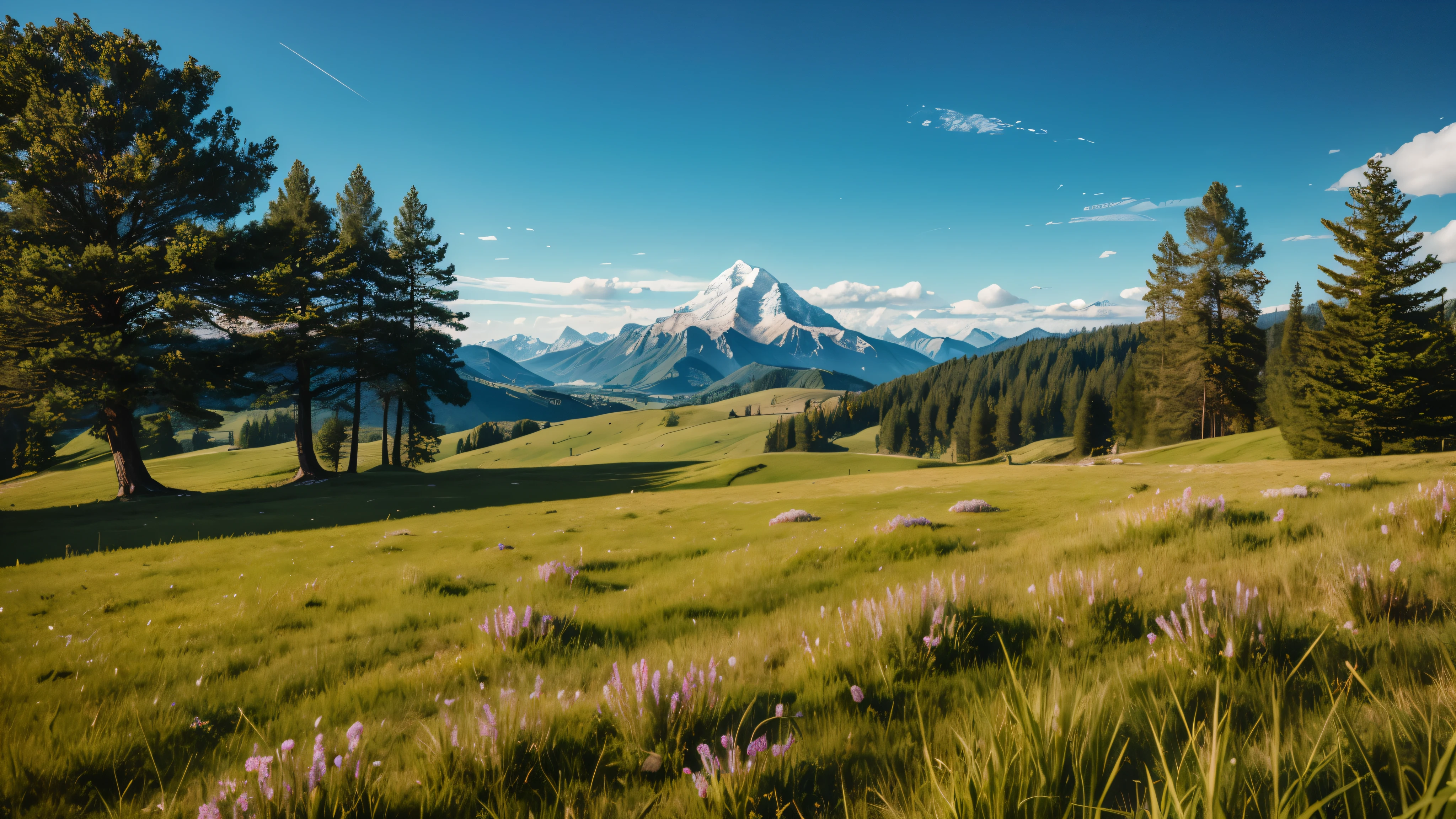 HIGH QUALITY, 4K REALISTIC, HORIZON BACKGROUND , GRASS FIELD, MOUTAIN THE FAR SIDE, CLEAR SKY,TREES
