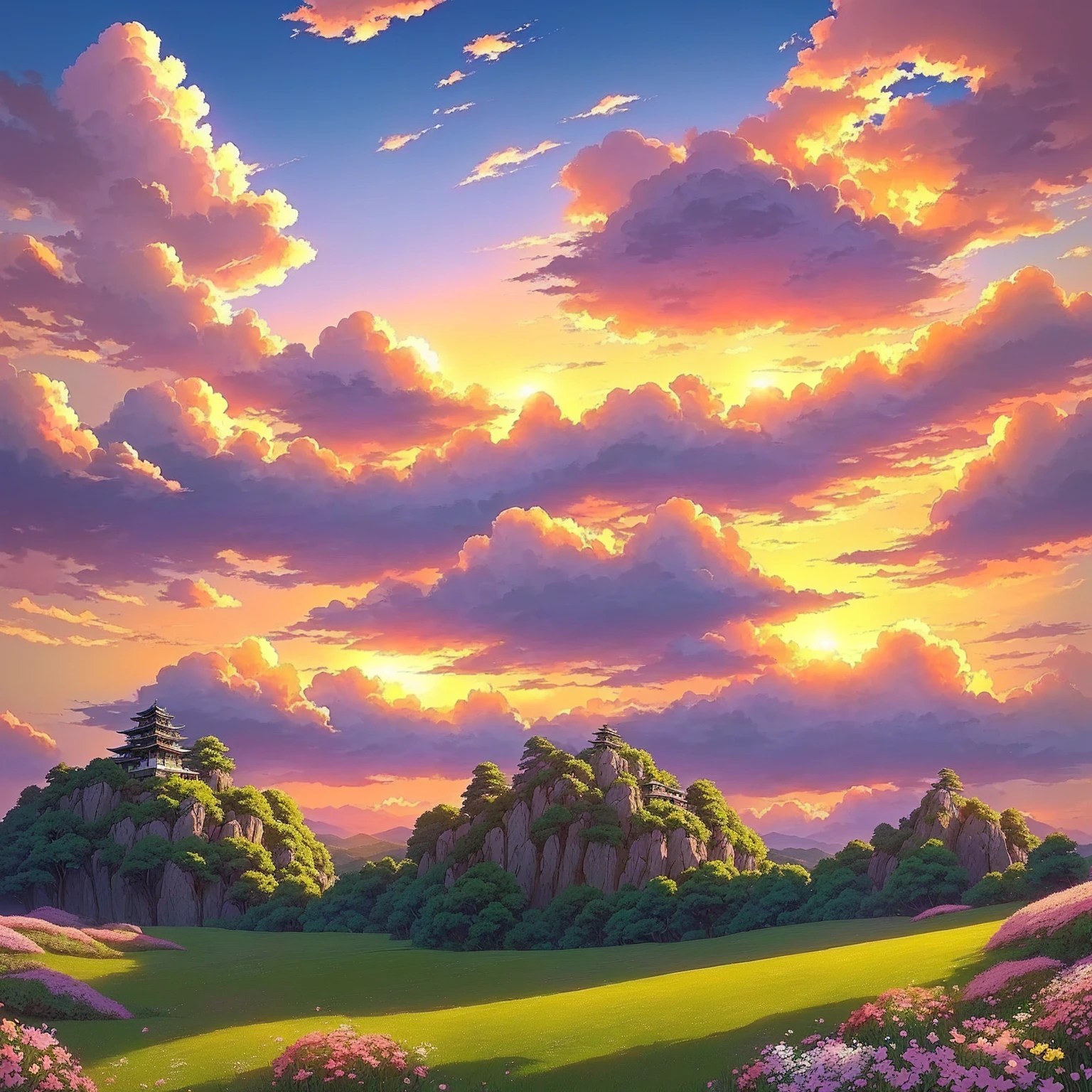 anime scenery of a sunset over a grassy field with rocks and flowers, Heavenly landscape, Studio Ghibli Sky, Beautiful fluffy clouds. anime, Sunset in the clouds, Miraculous cloudy sky background, Studio Ghibli Nikko, Heavenly planets in the background, anime clouds, Fantasy fluffy sky, glowing clouds, anime movie background, From the movie The Lorax