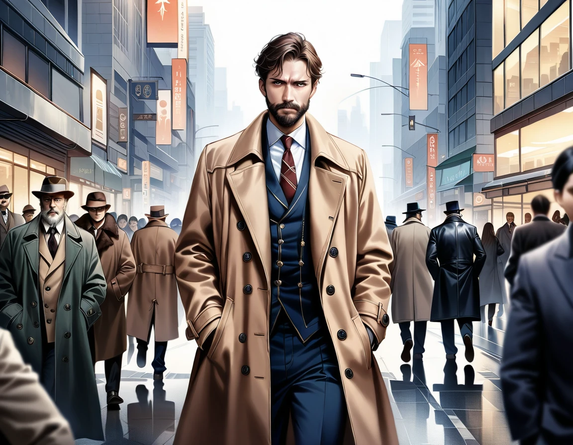 A gritty cityscape shot: a sea of skyscrapers dominates the frame, with people a mere afterthought. The subject, a middle-aged private detective, stands out amidst the crowd's apathy. He wears a scruffy beard, tattered trench coat, and has a sad look on his face. Hands in pockets, shoulders shrugged, he pushes through the throng, hurrying to his office in the midst of chaos., masterpiece, Realistic, raw photo, incredibly absurd resolution, absolute resolution, super high resolution,16k