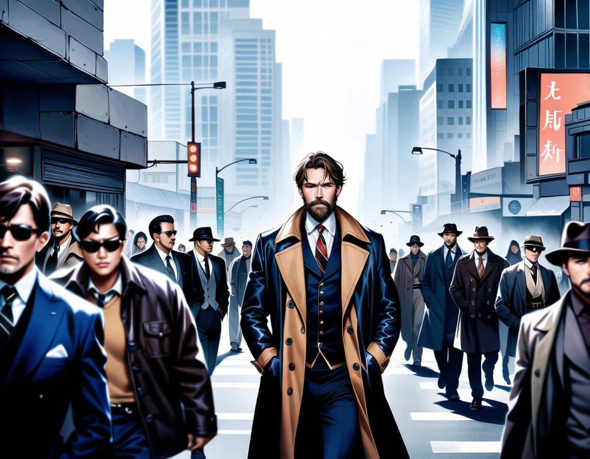 A gritty cityscape shot: a sea of skyscrapers tes the frame, with people a mere afterthought. The subject, a middle-aged private detective, stands out amidst the crowd's apathy. He wears a scruffy beard, tattered trench coat, and has a sad look on his face. Hands in pockets, shoulders shrugged, he pushes through the throng, hurrying to his office in the midst of chaos., masterpiece, Realistic, raw photo, incredibly absurd resolution, absolute resolution, super high resolution,16k