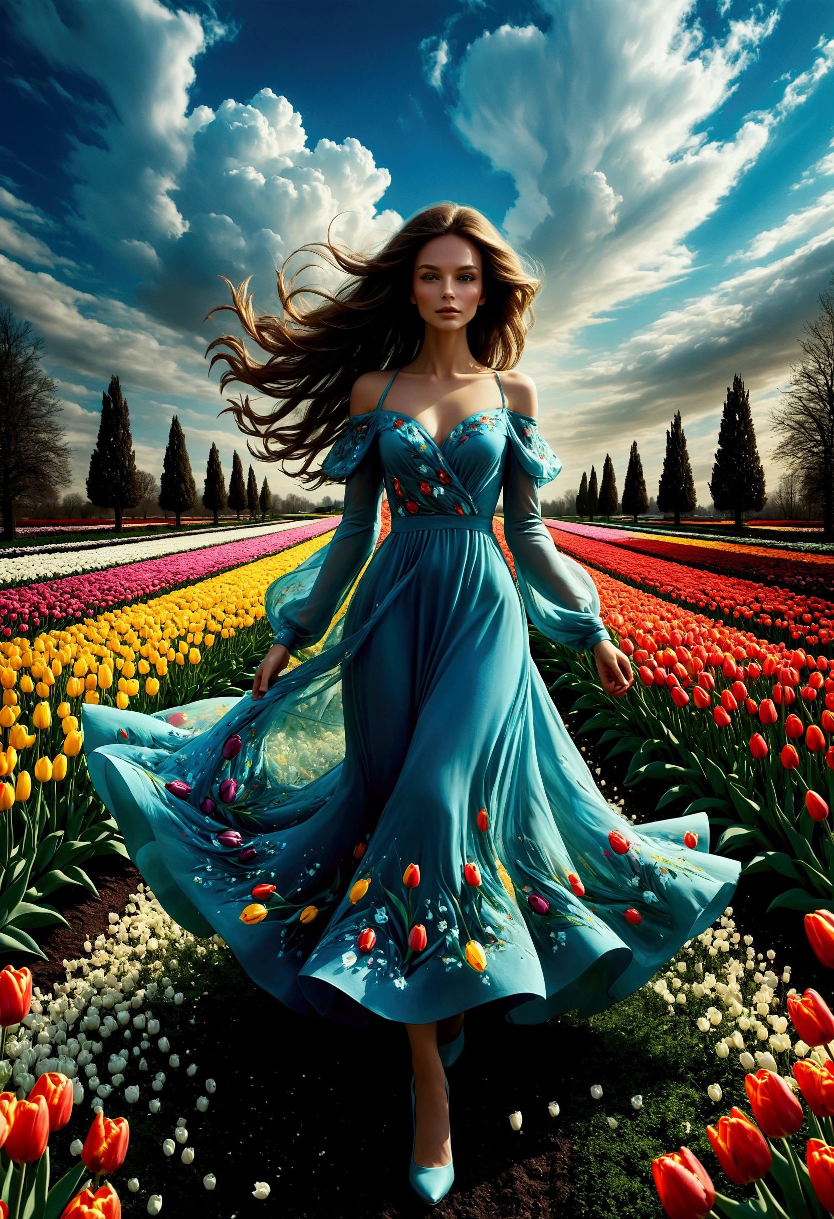 Beautiful woman, long hair, loose curls, graceful pose, the dress made of tulips, tulips in 10 colours, vibrant colours, silhouette flowing along body, graceful pose, flower garden, mysterious atmosphere, detailed petals, graceful, elegant, flower garden, sky, clouds, sophisticated, digital art, artwork, HDR, Masterpiece, Best Quality, high Detailes, 8K