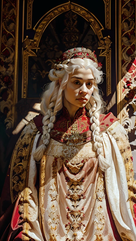 Portrait of one beautiful queen albino woman with detailed braided medieval hairstyle (white hair) , wearing detailed medieval gown ((red and black colours)), with gold accessories and gold crown, medieval queen, medieval woman,queen,game of thrones style,daenerys targaryen style, high quality, very detailed,hd quality, masterpiece,(purple eye colour)