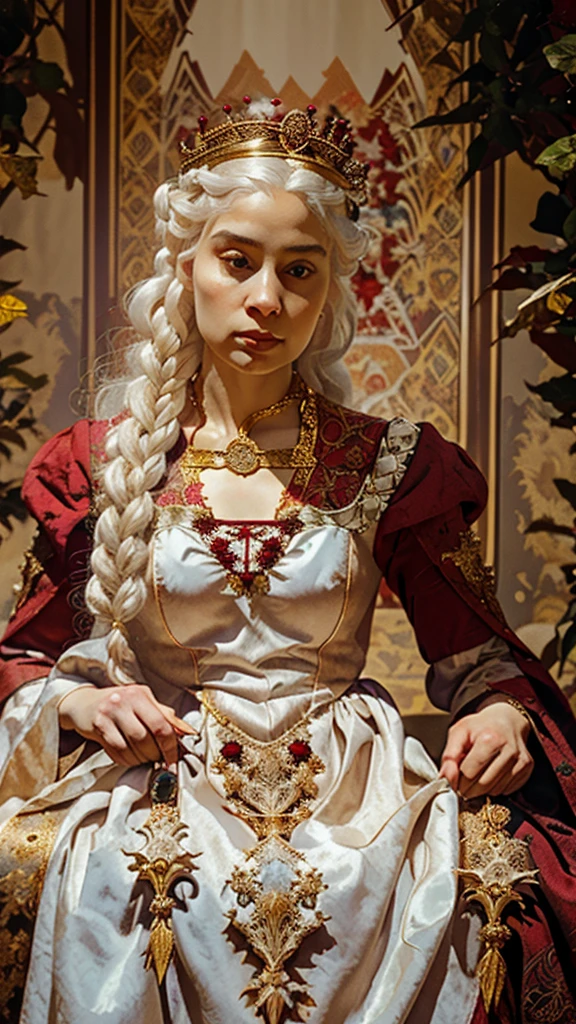 Portrait of one beautiful queen albino woman with detailed braided medieval hairstyle (white hair) , wearing detailed medieval gown ((red and black colours)), with gold accessories and gold crown, medieval queen, medieval woman,queen,game of thrones style,daenerys targaryen style, high quality, very detailed,hd quality, masterpiece,(purple eye colour)