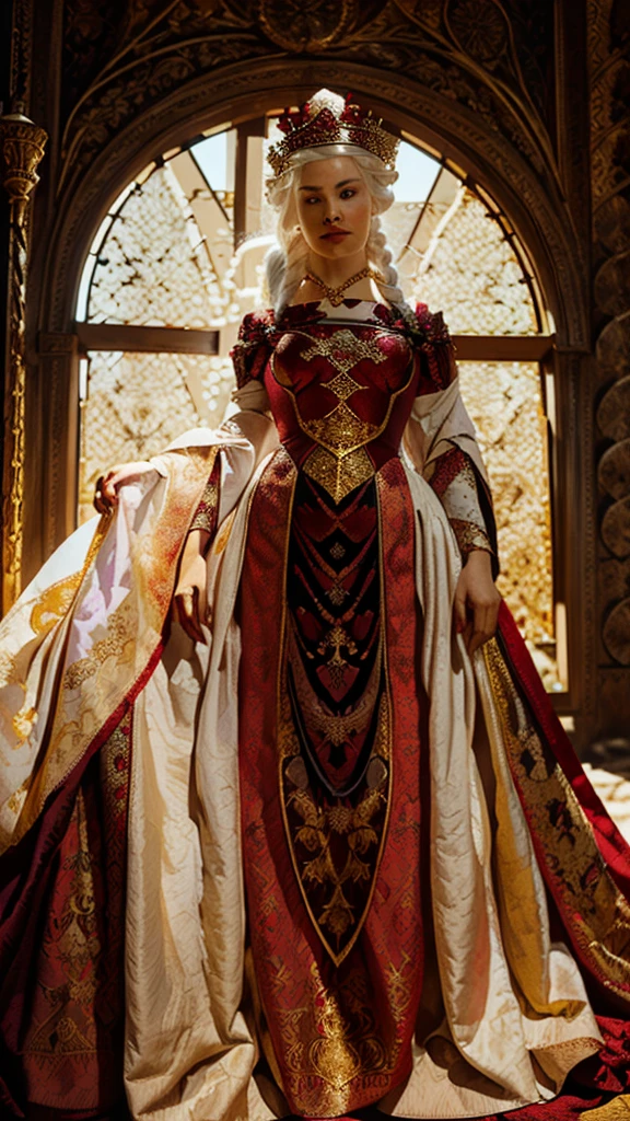 Portrait of one beautiful queen albino woman with detailed braided medieval hairstyle (white hair) , wearing detailed medieval gown ((red and black colours)), with gold accessories and gold crown, medieval queen, medieval woman,queen,game of thrones style,daenerys targaryen style, high quality, very detailed,hd quality, masterpiece,(purple eye colour)