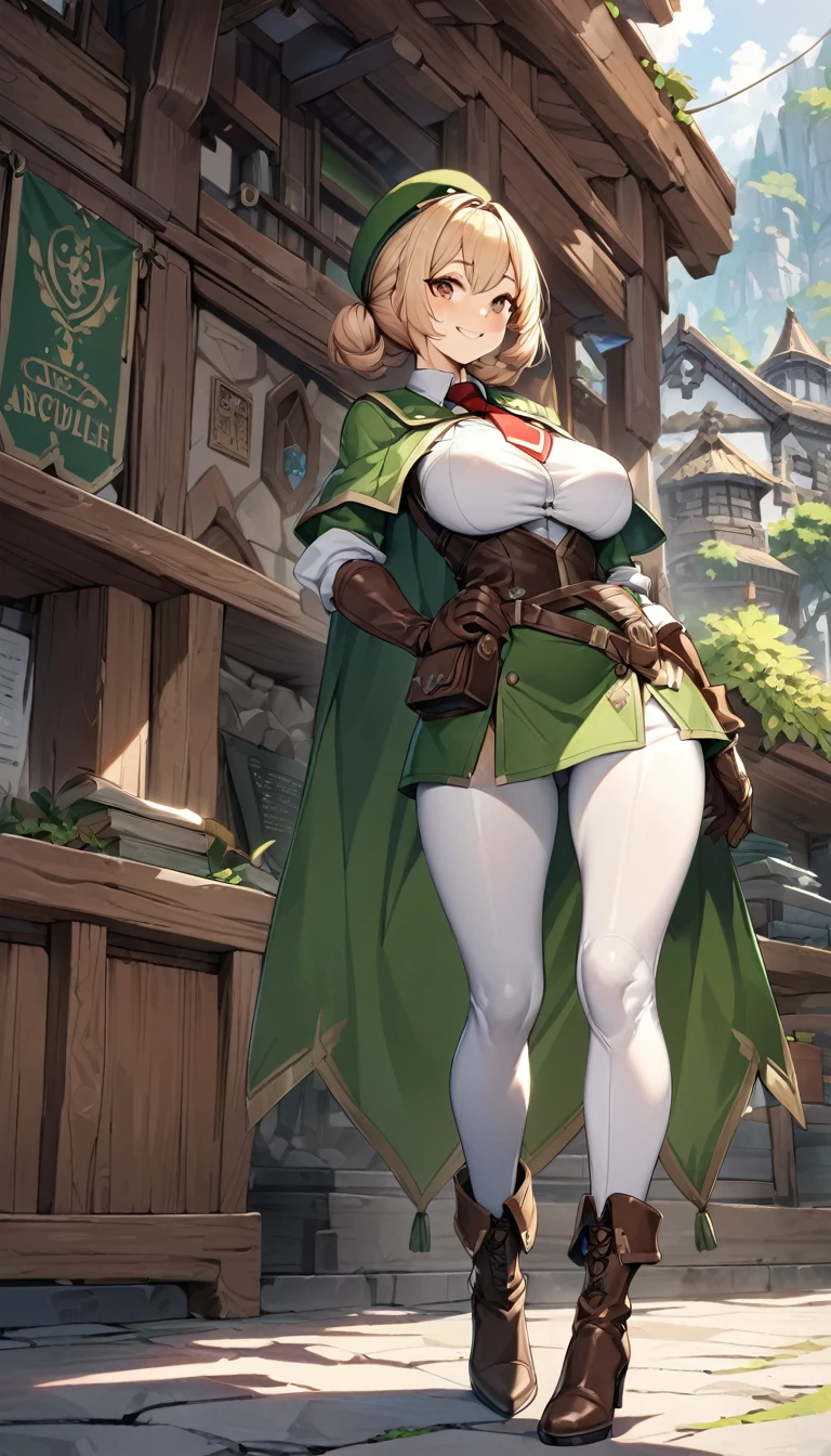 An adventurer guild clerk girl, sexy body, big breasts, big hip, ((green clerk outifit, red necktie, green beret, short cape, white leggings, leather gloves, leather high heels boots, leather belts and pockets, dagger on hips)), (short hair, low brown braided-twintail hairstyle), brown eyes, smiling, (cute expression: 1), beautiful face, detailed face, very detailed, beautiful eyes, full body, full body shot, high quality, detailed background, high resolution, 8k resolution, ultra high detail, beatiful skin, perfect body, perfect anatomy, adventurer guild background,