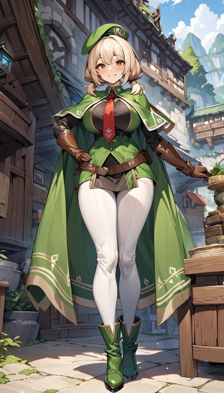 An adventurer guild clerk girl, sexy body, big breasts, big hip, ((green clerk outifit, red necktie, green beret, short cape, leather gloves, leather high heels boots, white leggings)), (short hair, low brown braided-twintail hairstyle), brown eyes, smiling, beautiful face, detailed face, very detailed, beautiful eyes, full body, full body shot, high quality, detailed background, high resolution, 8k resolution, ultra high detail, beatiful skin, perfect body, perfect anatomy, adventurer guild background,