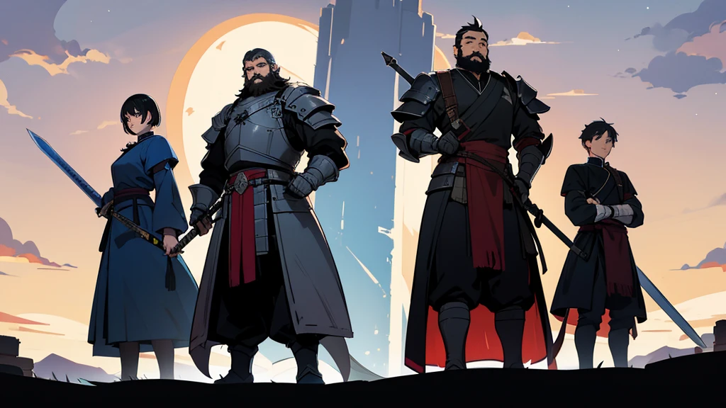 Against the background of an old castle at night、Three characters standing。In the center stands a man in his 30s.。The man was wearing heavy armor.、short black hair and blue eyes、bearded。He holds a large sword in both hands。On the right side stands a bipedal rabbit character.。On the left is a bipedal panda character standing。