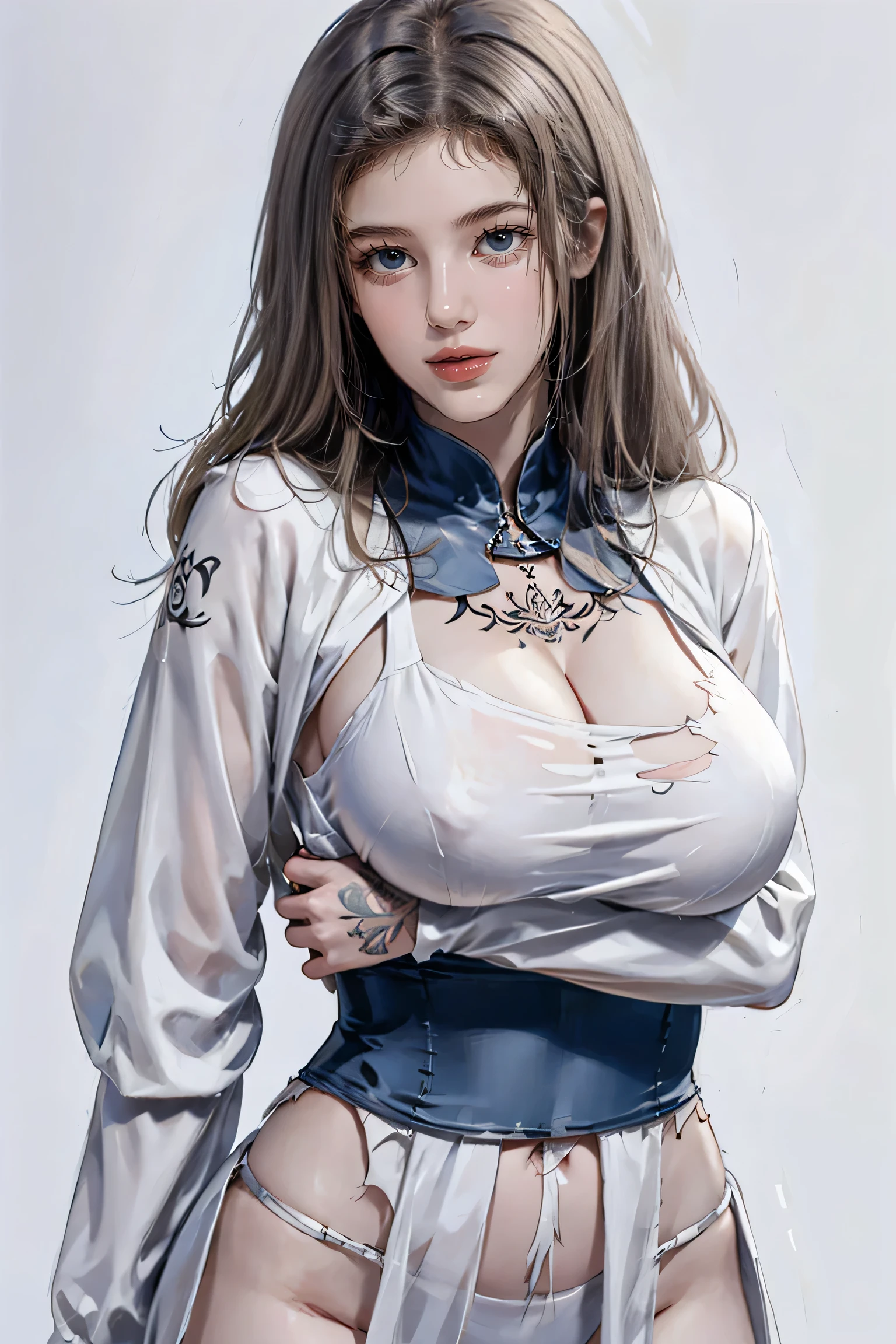 masterpiece, Highest quality, One Girl, beautiful, OK, delicate, Very difficult, detailed, Silver Hair, Jacket, blue eyes, ((masterpiece)), extremely detailed, Highest quality, High resolution, ((at the park)), Bridget, smile,Wet skin and hair, blonde, (White shirt, Torn, No underwear), (Sexually excited expression:0.7), Long Hair, Open ((Perfect body)), Realistic Fashion, High resolutionシステムのdetailed, photo shoot , Sharpness,(((He has many tattoos all over his body)), (((Tight waist))), ((Big Breasts)),((See through))
