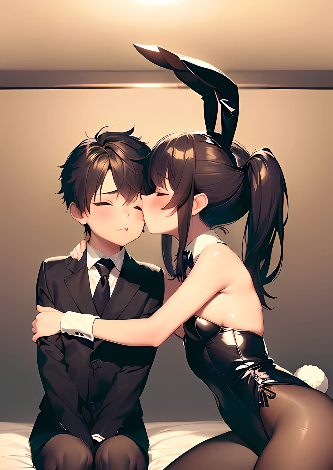 1boy, 1girl, shota, kissing cheek, playboy bunny, stockings, puckered lips, lips, closed mouth, closed eyes, masterpiece, best quality, absurdres, girl kissing boy on cheek, dynamic lighting, lighting effect