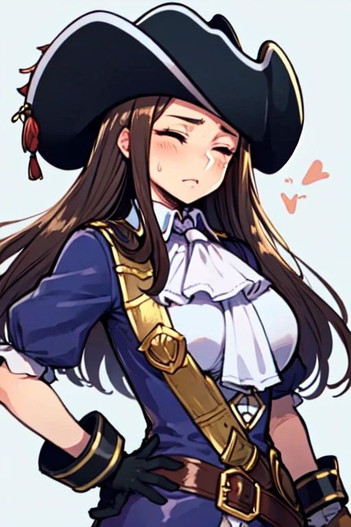 masterpiece, high res, detailed face, detailed eyes, solo, big breasts, brown hair. Closed eyes, long hair, (aroused facial expression), blush, sweat, (purple uniform), (white ascot), belt, (black wide-brim musketeer hat), (white collar), (black gloves), simple background, blurry background, close-up