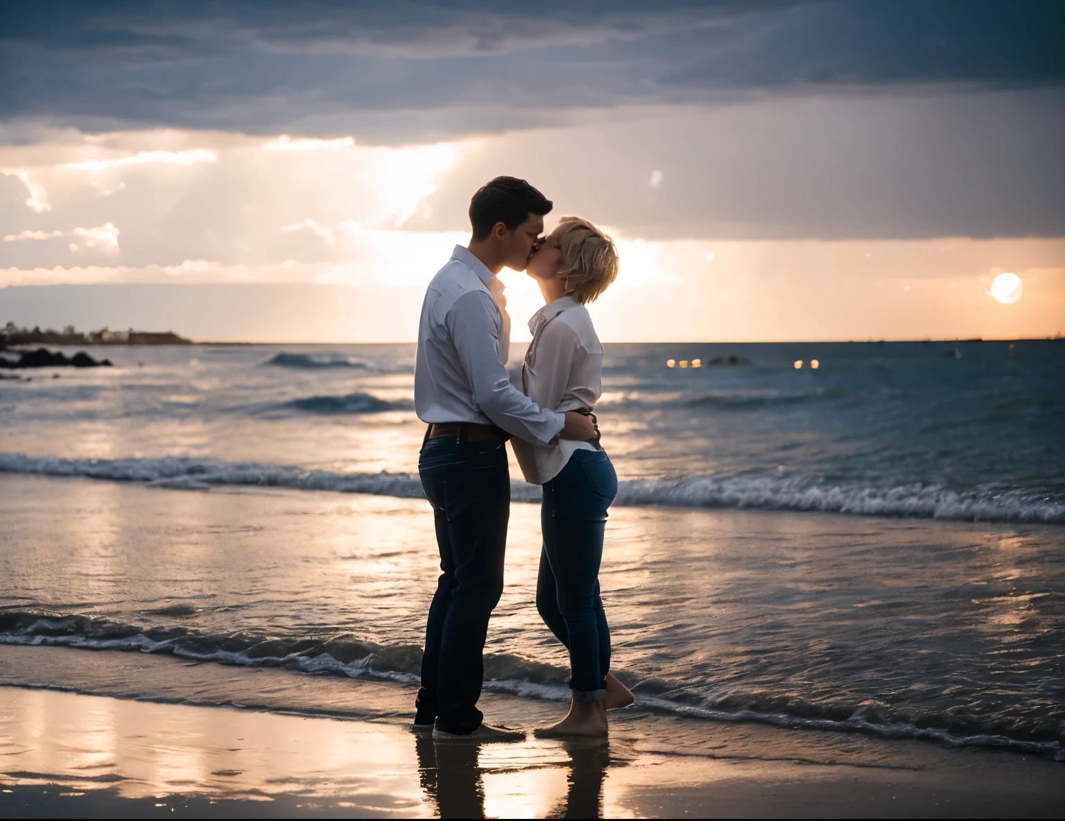 Two figures of a boy and a girl in an embrace with a kiss, a girl of small height, (Pixie haircut very short under a boy), hair straight light ash-coloured, rectangular shape of a face, hourglass figure, wearing a shirt and jeans, a guy of medium height, wearing a jeans shirt and jeans, hair dark, Standing in commitment on a sandy beach, (masterpiece), Best quality, super high resolution, RAW-photo, Nikon D850, night, full moon, cloudy, clouds illuminated by moonlight, cinematographic lighting, backlight, rim light, on the dark background of the night river, moonlight reflected on the waves, 